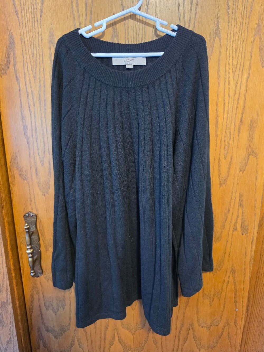 Loft Ribbed Knit Flare Sleeve Tunic Sweater Top Solid Black Crewneck Womens LG